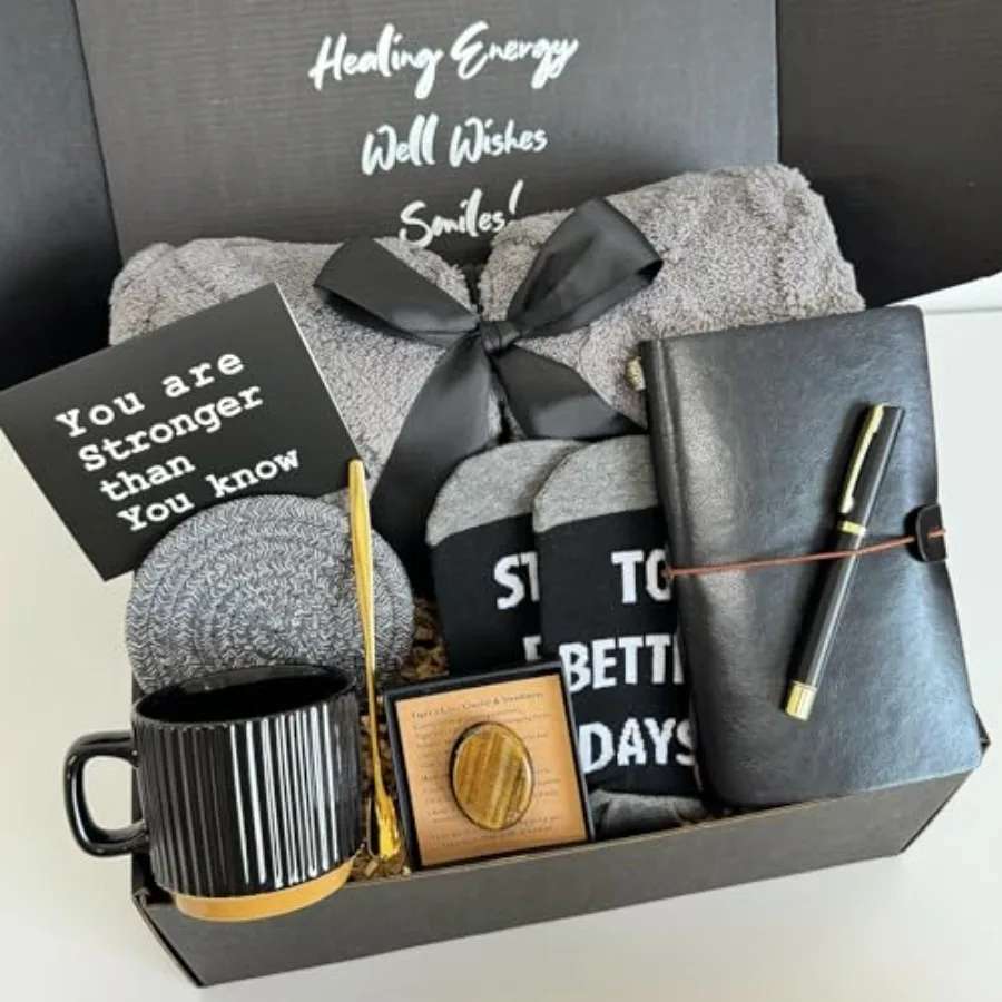 

Подарочный набор для мужчин - Подарки для скорейшего выздоровления для мужчин с плюшевым пледом, набором керамических кружек, носками, блокнотом из ПУ, ручкой, антистресс-камнем и...