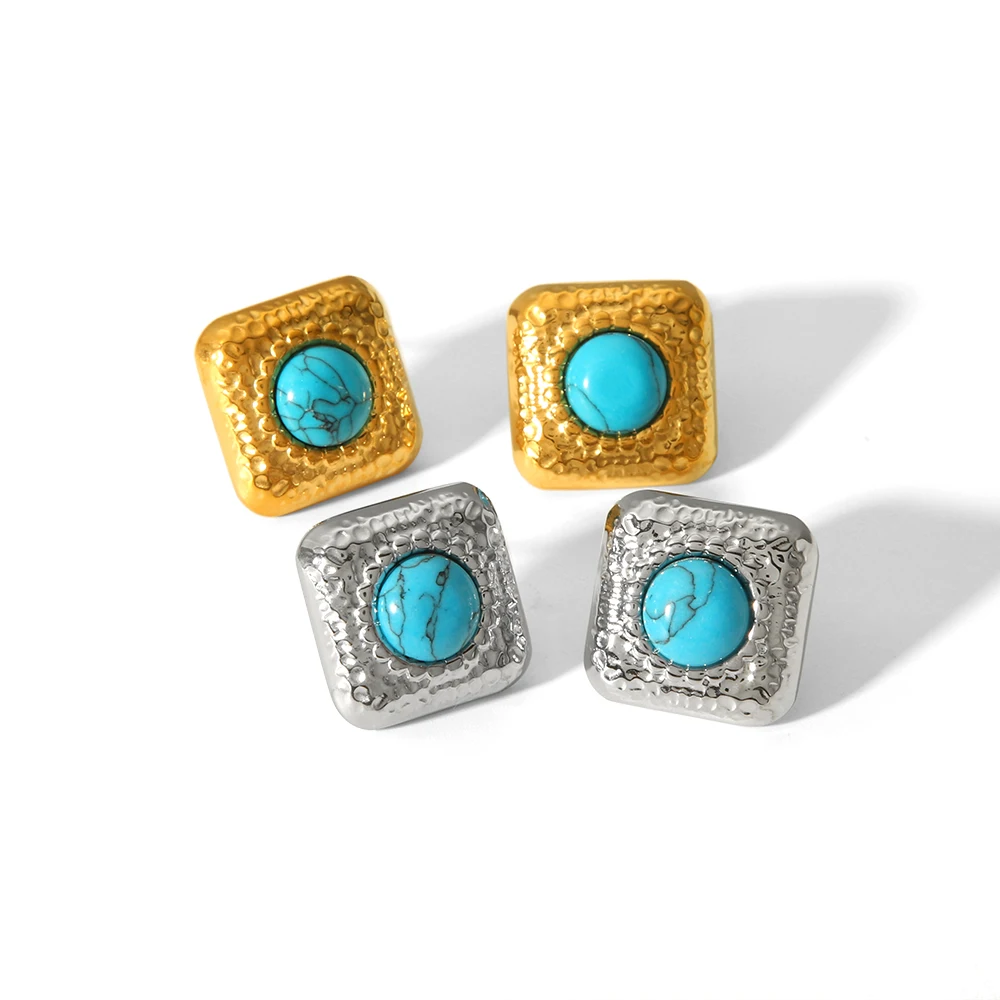 Vintage Luxury Square Hammer Texture Turquoise Stud Earrings High Quality 18k Gold Plated Stainless Steel Women Earrings