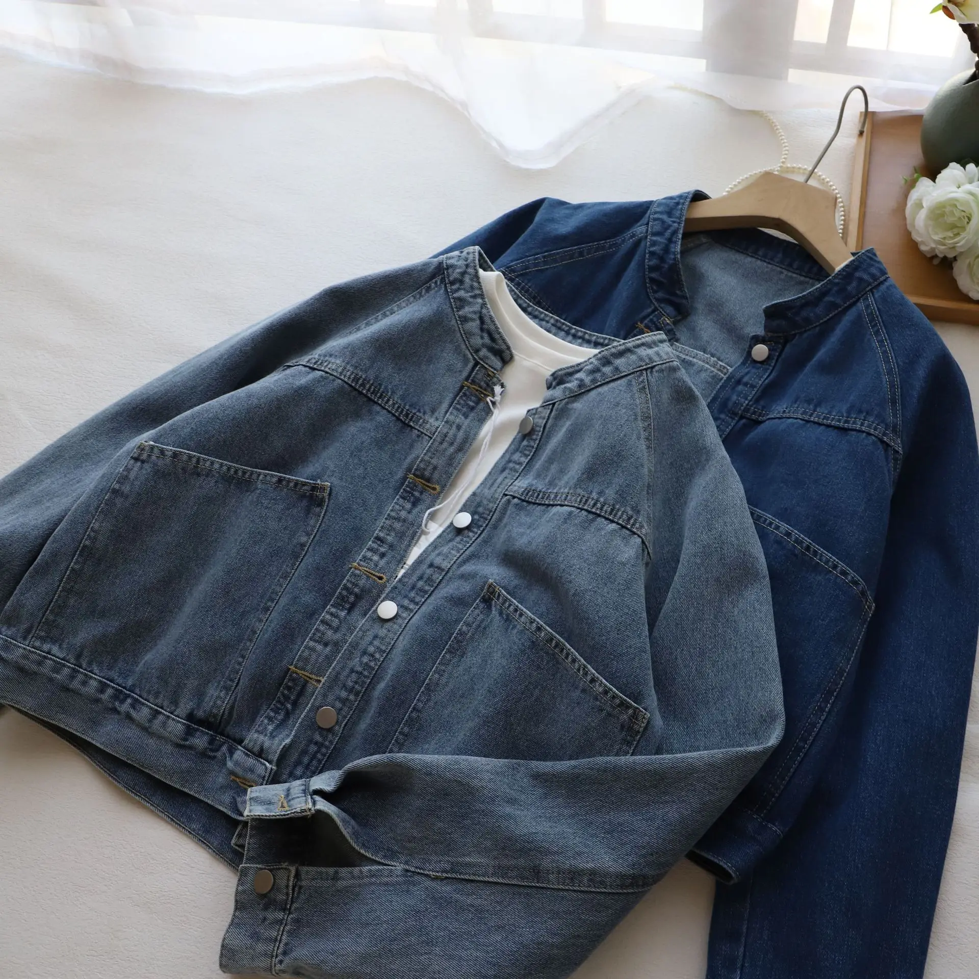 Collarless Round Neck Denim Jacket for Women, Cropped Loose Fit Jean Coat with Big Pockets