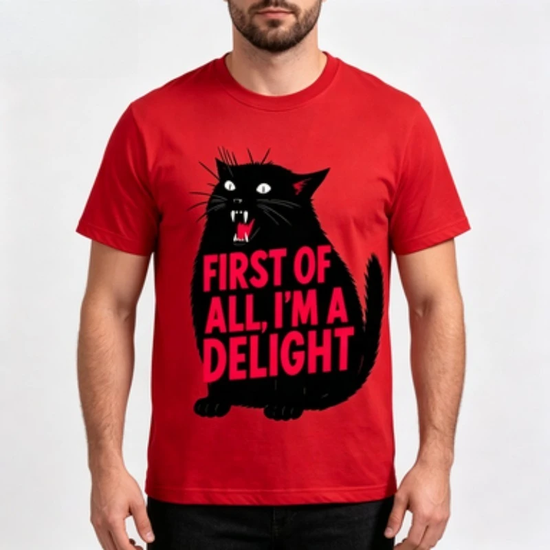 Male 100% Cotton Pet Graphic Tee First Of All I'm A Delight Angry Black Cat Print Short Sleeve Summer Casual Men Tees