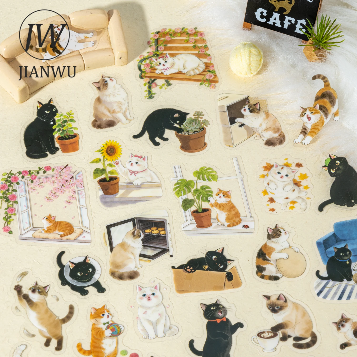 JIANWU Adventure of Cute Kitten Series Kawaii Cat Landscape Material Collage Scrapbook PET Sticker Creative Journal Stationery
