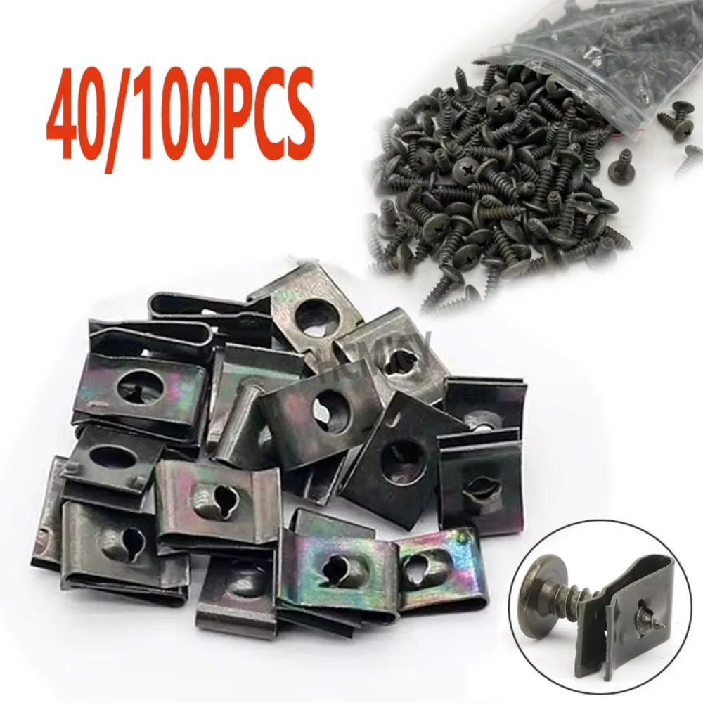 40/100pcs Motorcycle Clip Screw Base Bayonet Clip Plastic Cover Screw Bolt and U Type Clips with Nut Bumper Protector