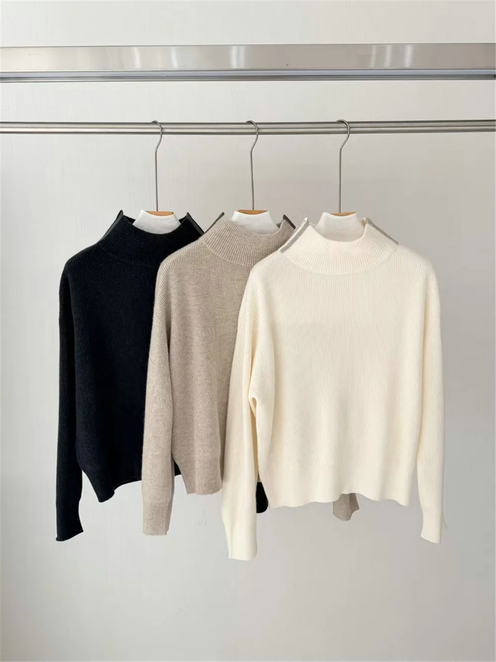 

Women's 25 Autumn/Winter New Half High Neck 100% Wool Nail Bead Knitted Thick Warm Casual Pullover