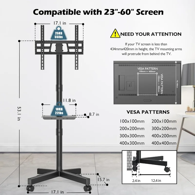 Mobile TV Stand, Tilt Rolling TV Cart with Media Shelf and Locking Wheels, Fits 23-60” LED, LCD, OLED Flat & Curved TVs