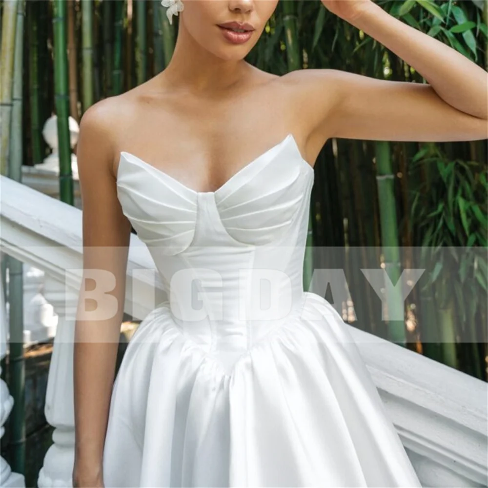 BIGDAY – robe De mariée trapèze plissée en Satin, col en v, sans manches, dos ouvert, à lacets, longueur thé, personnalisée