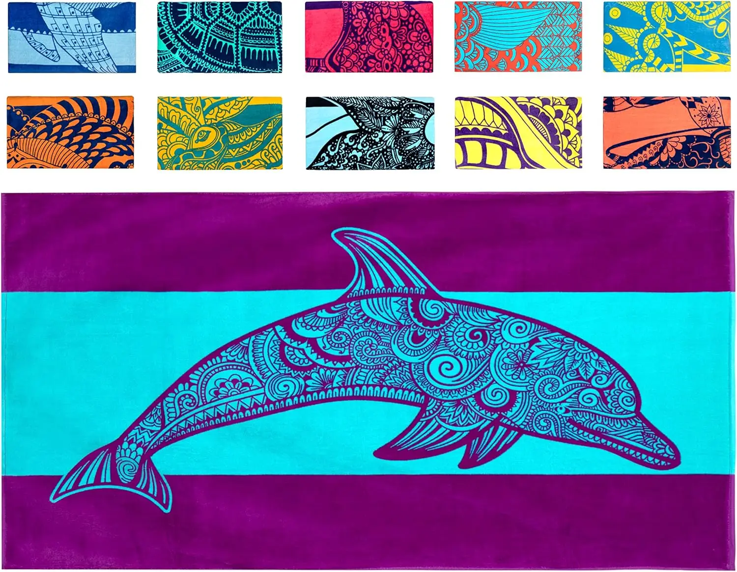 Dolphin Beach Towel, Tropical Blue and Purple Unique Design 100% Cotton Absorbent Bath Towel for Pool and Travel