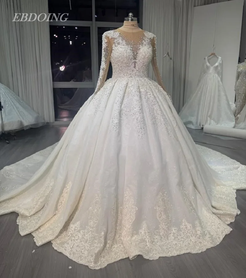 

EBDOING Sparkle Wedding Dress Ball Gown Sheer Neck Neckline Full Sleeves With Key-Hole Back Princess Customized Bride Gown