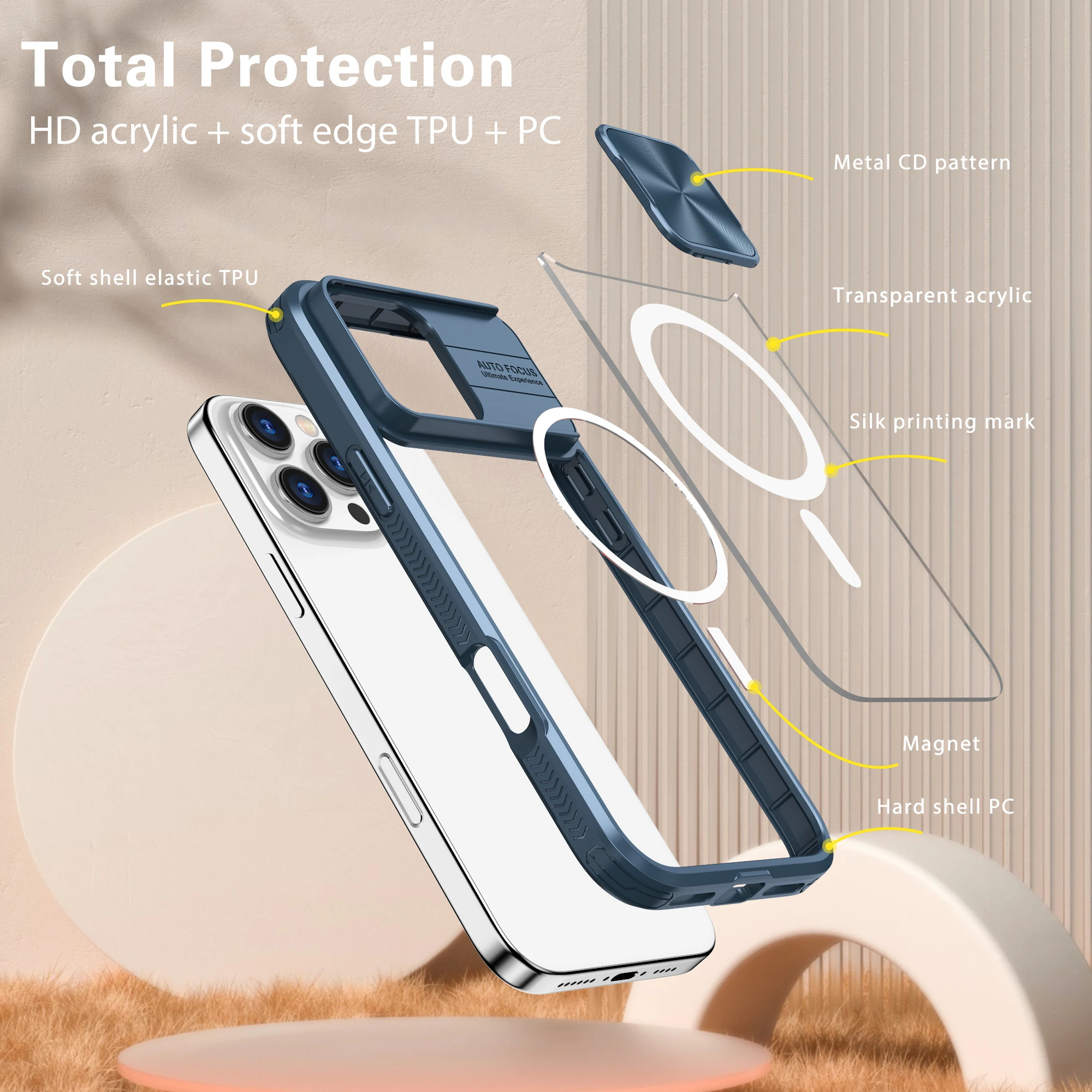 Slide Camera Lens Protection Magnetic charging Case For iPhone 16 15 14 13 12 Pro Max For Magsafe Shockproof Bumpers Clear Cover