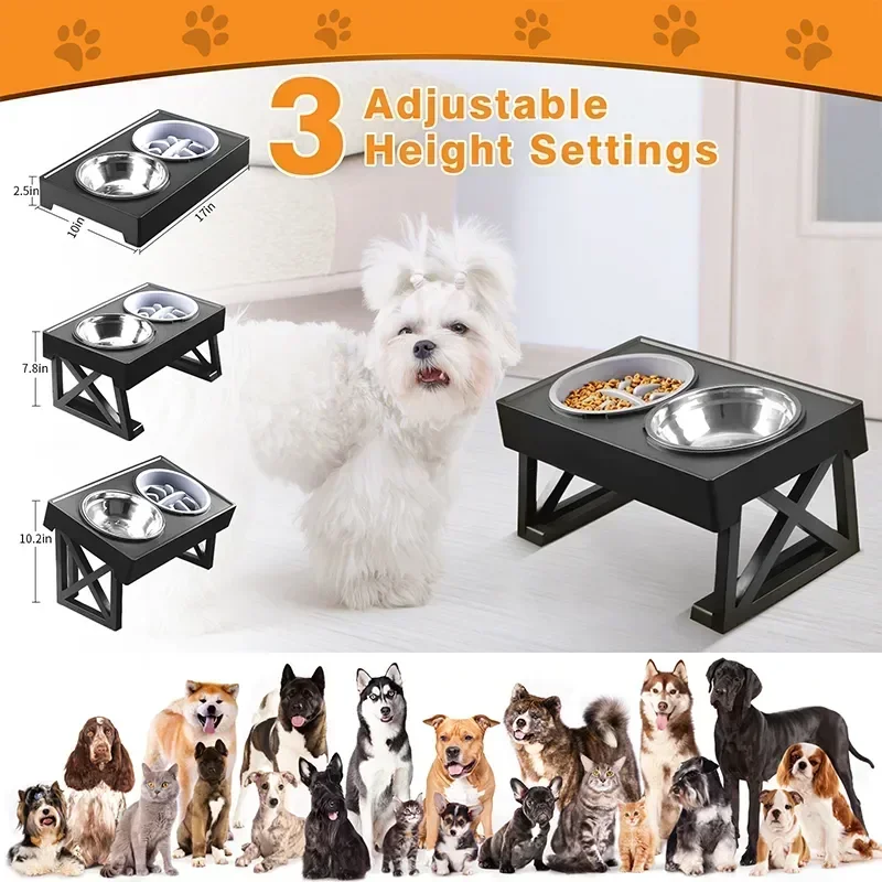 Stainless Steel Pet Elevated Double Bowl Cat Dog Bowl 2 in 1 Pet Feeder Adjustable Height Slow Food Bowl