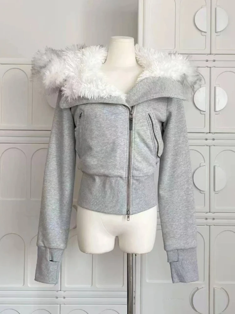 ฤดูหนาวเสื้อฮู้ดเก๋ผู้หญิงวิทยาศาสตร์ Y2k สตรีทแวร์เสื้อแขนยาวกรันจ์เสื้อ 2000s ผ้าขนสัตว์ลูกแกะเสื้อแจ็คเก็ตใหม่