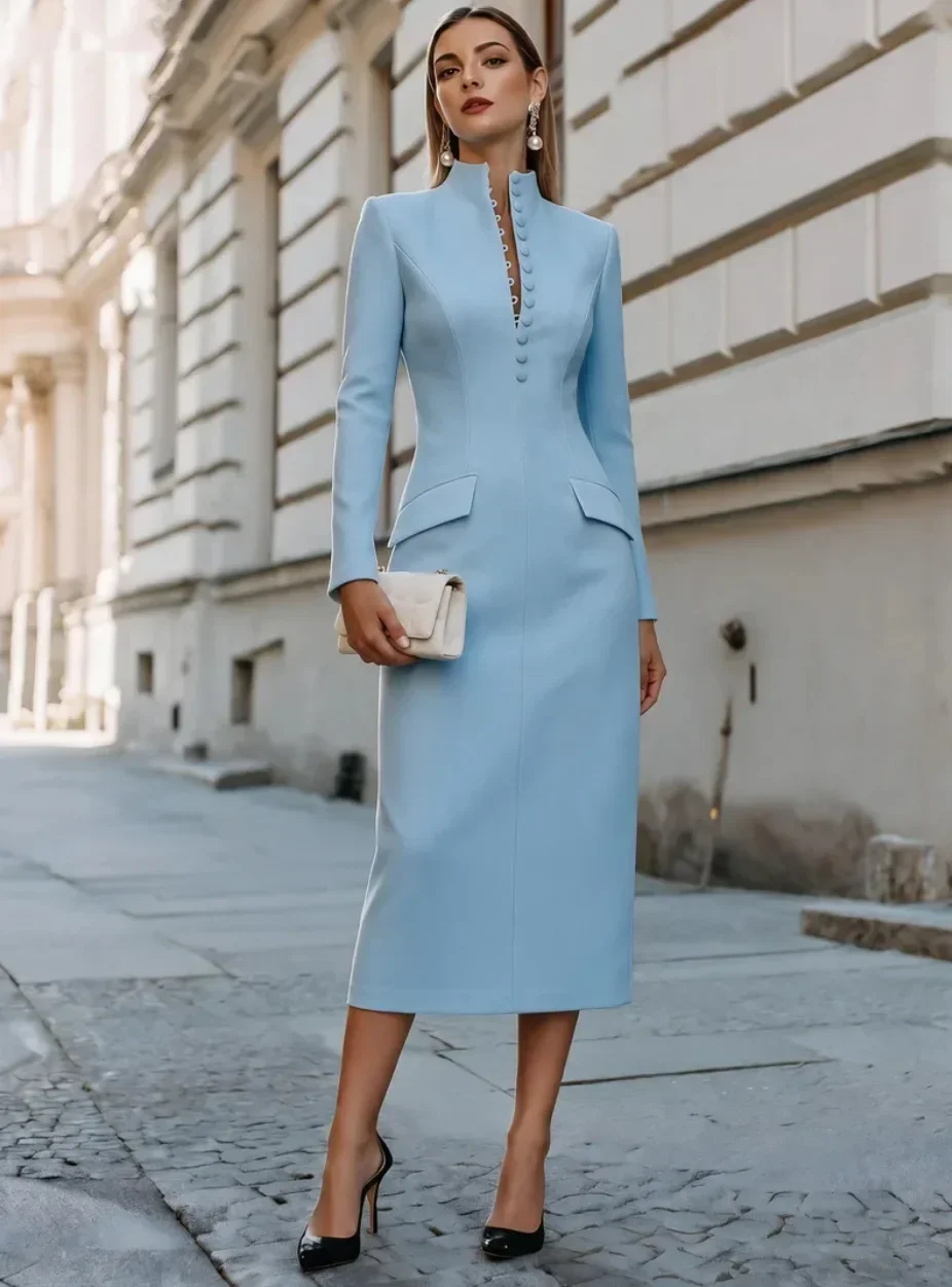 Women Stand Collar Long Sleeve Midi Pencil Dress Front Button Detail Pocket Elegant Formal Bodycon Dress