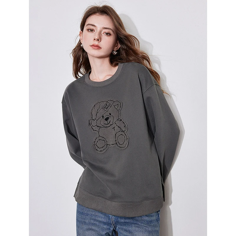 TOYOUTH Women Plush Hoodies Sweatshirt 2024 Autumn New Bear Pattern Round Neck Thicking Warm Sweatshirt Pullover Tops