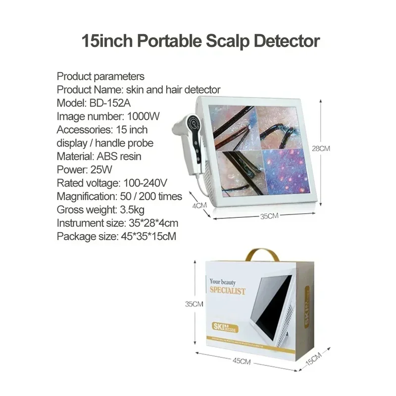 Analizzatore intelligente per capelli e pelle con schermo HD da 15 pollici Rilevatore di peli del cuoio capelluto con zoom 50/200x per uso domestico nel salone di bellezza