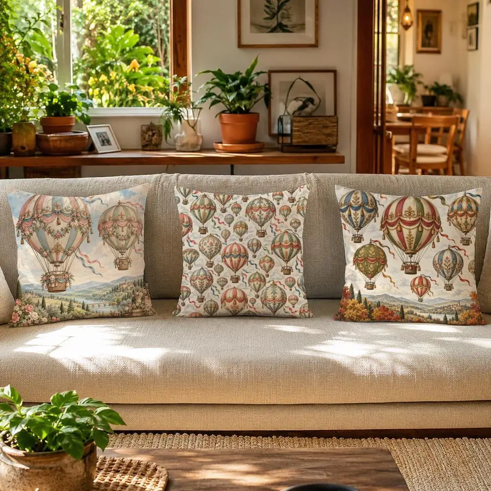 Hot Air Balloons18th-Century Vintage Cushion Cover Skin-Friendly Organic Linen Pillow Cover Durable Hypoallergenic Washable Soft