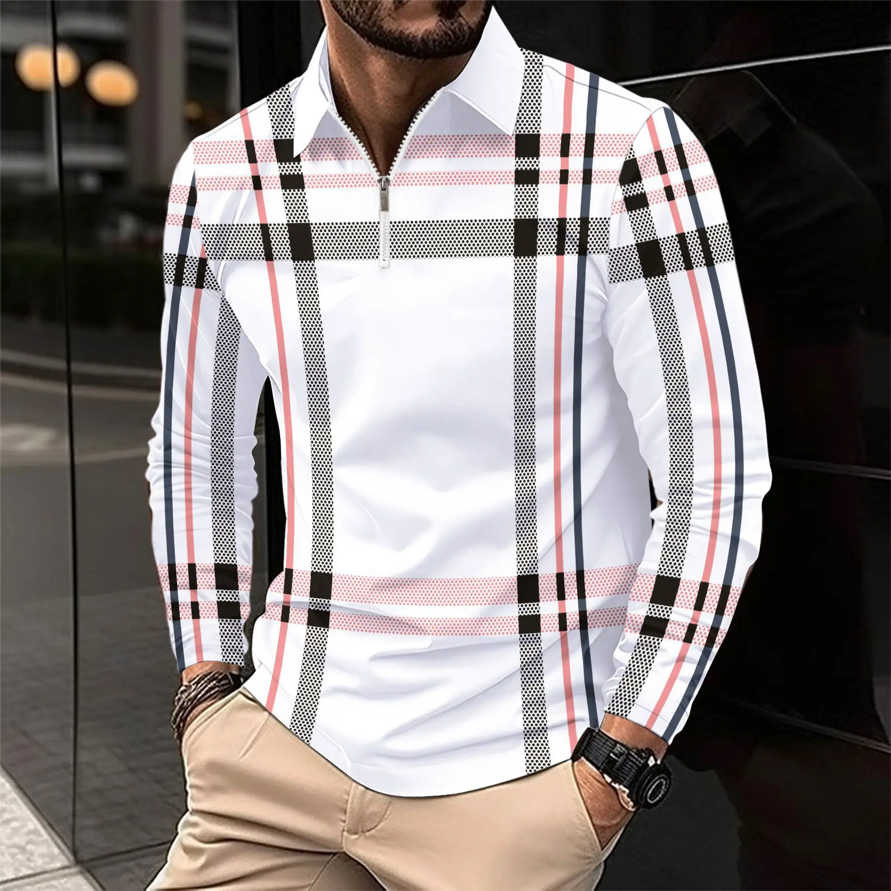 طويلة الأكمام مخطط منقوشة الرجال سحابات Polos تي شيرت ربيع الخريف ثلاثية الأبعاد مطبوعة الشارع الذكور بولو المحملة 6XL حجم كبير بلايز عادية