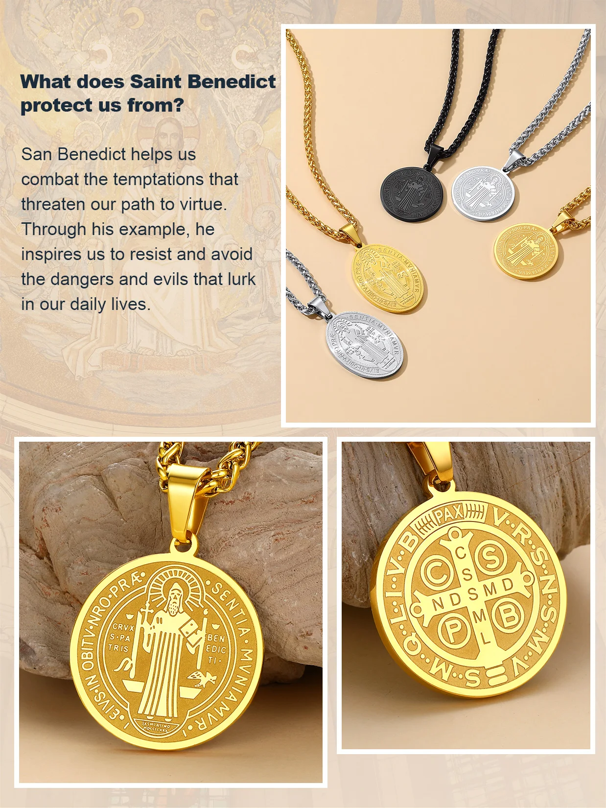 U7 Saint Benedict Necklaces Round Oval Medal Stainless Steel Pendant 22" Chain Religious Catholic Protection Amulet Jewelry Gift - view 4