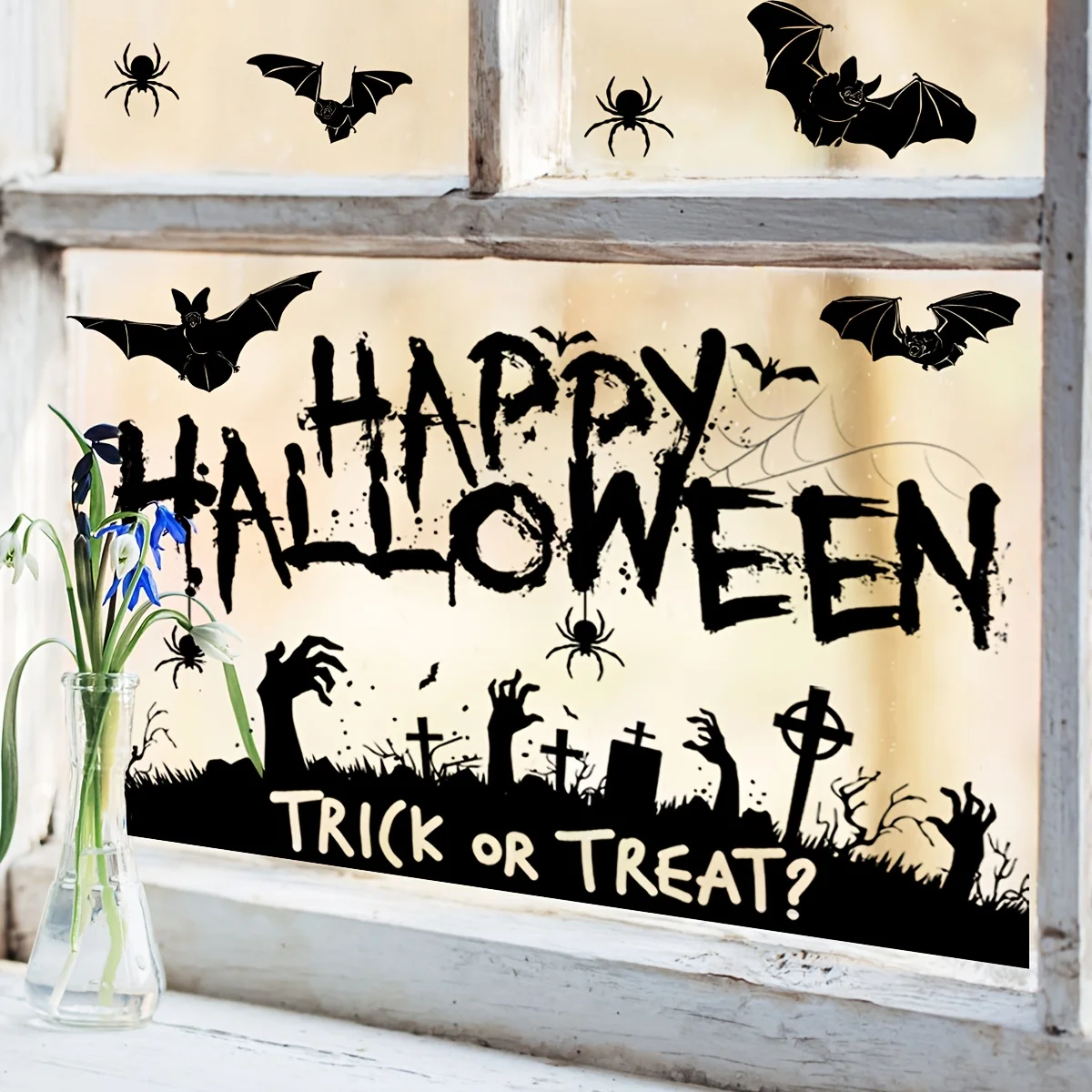 1 Stück Halloween-Fensteraufkleber „Süßes oder Saures“ Fledermaus Spinne Zombie Hand Grabstein Silhouette Glasfenster Feiertagsparty Heimdekoration