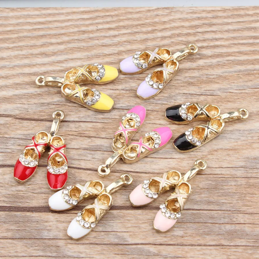 

50pcs Rhinestones Ballet Shoes Shape Alloy Jewelry Necklace Pendants Girls Diy Bracelet Drip Oil Metal Phone Charms 17*27mm