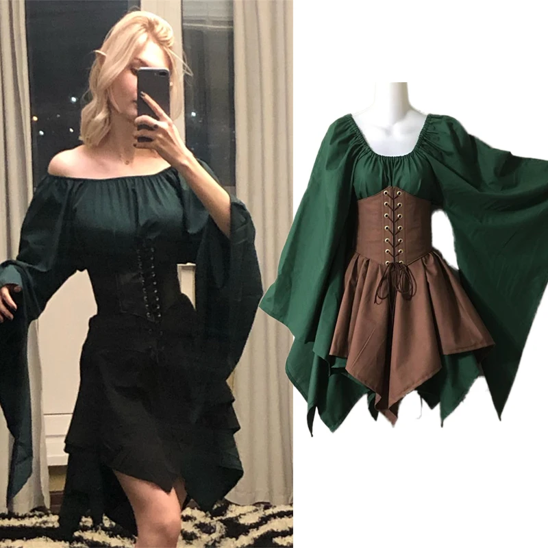 Medieval Costume for Women Cosplay Renaissance Vintage Palace Victoria Halloween Full Sleeve Waist Bandage Ptachwork Dress Party