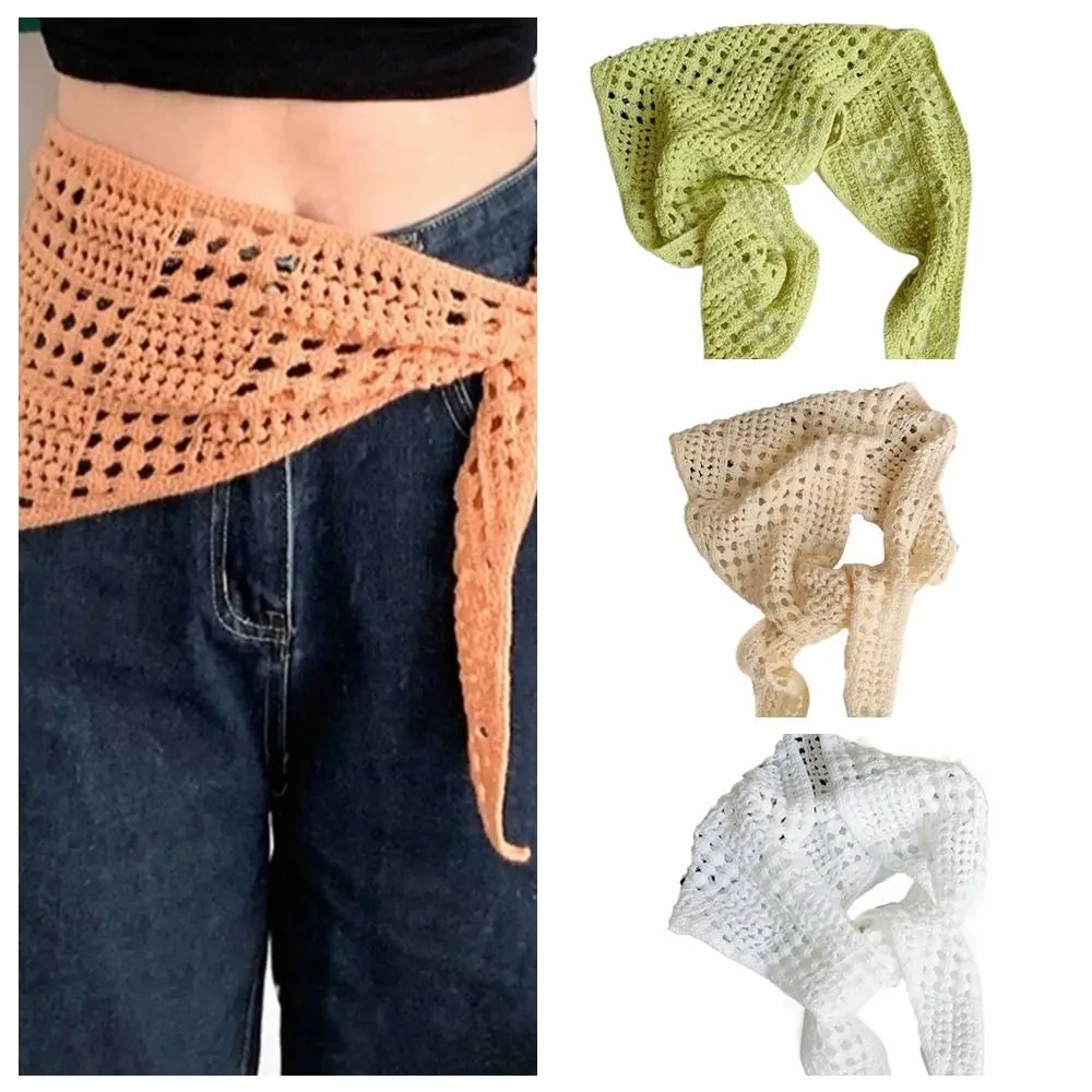 

Simple Hollow Knitted Triangle Scarf Y2k Shawl Apron Wrap Headscarf Tie Straps Hip Scarf Female