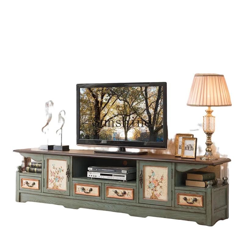 

Mediterranean TV cabinet combination solid wood coffee table old-fashioned simple modern small apartment
