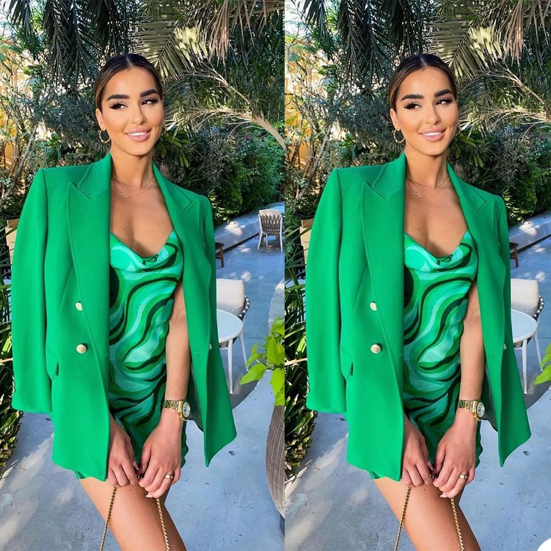 

Fashion Women Party Dresses Blazer Peaked Lapel Double Breasted Green Jacket Custom Made 1 Piece Summer Power Casual Prom Formal