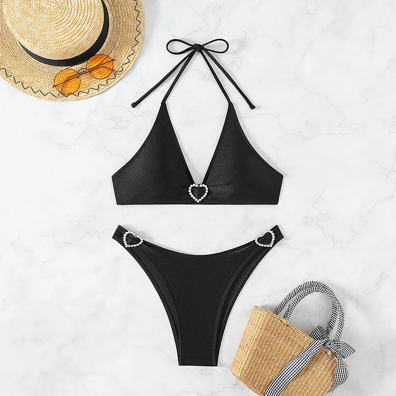 Conjunto de biquíni micro tanga para mulheres, maiô coração strass swimwear triângulo, maiô sexy halter, biquíni preto, 2024