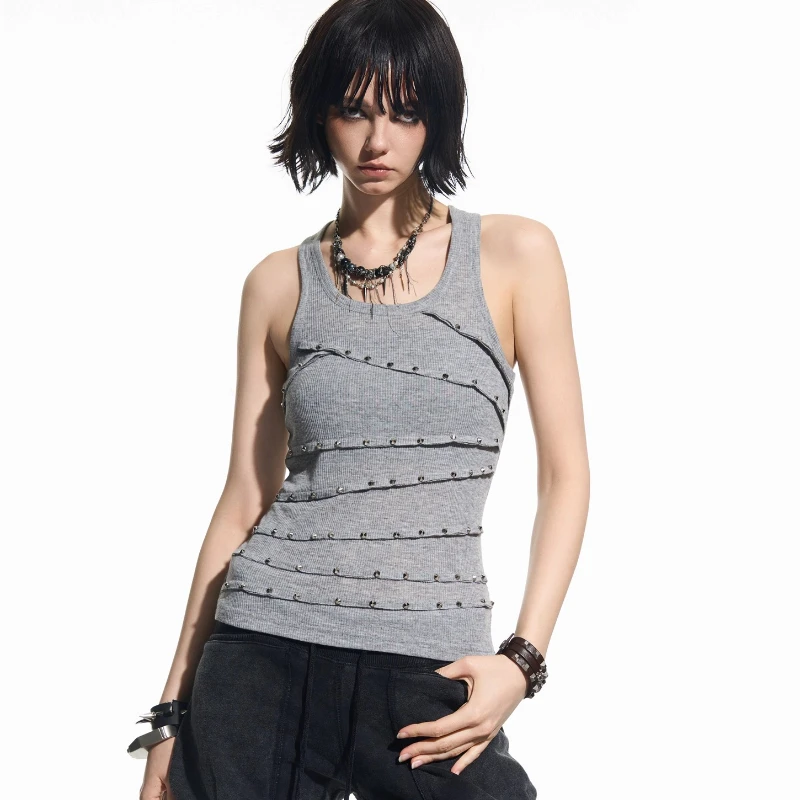 Gothic Dark Heavy Metal Rivet Punk Slimming Women's Top Original Design New Sweet Cool Sexy Versatile Sleeveless Vest Ladies