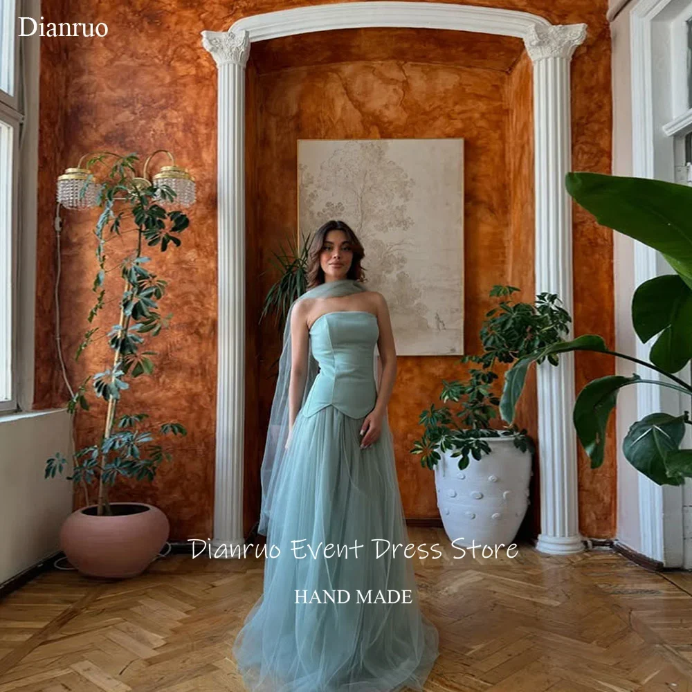 فساتين سهرة Dianruo برباط من التل طويلة الطول بدون حمالات رداء Soirées أشرطة A Line فستان حفلات الزفاف مخصص