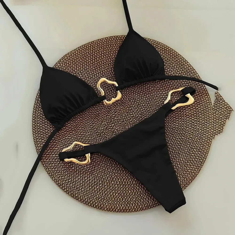 Solid White Triangle Micro Bikini Thong Metal Ring Sexy Swimsuit Women Holiday Ladies Swimwear High Cut Bathing Suit Bikinis Set