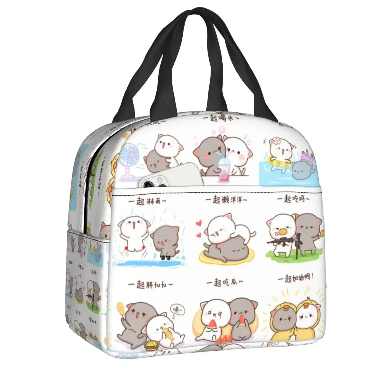 Cartoon Mochi Cat Peach And Goma Meme Lunch Bag Women Thermal Cooler Insulated Lunch Box for Work Office Travel Picnic Food Bags