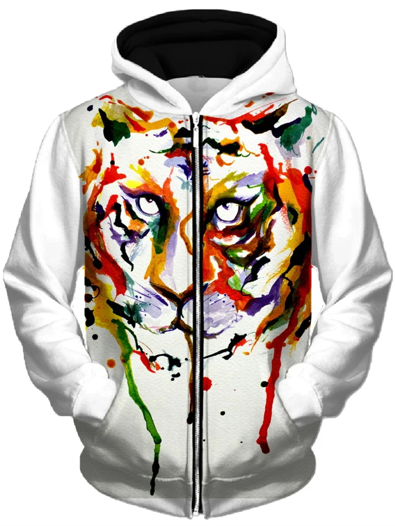 New Spring And Autumn New Men's Fashion 3D Wolf Tiger Lion Print Hooded Sweatshirt Loose Casual Daily Street Sweater Hoodie Top