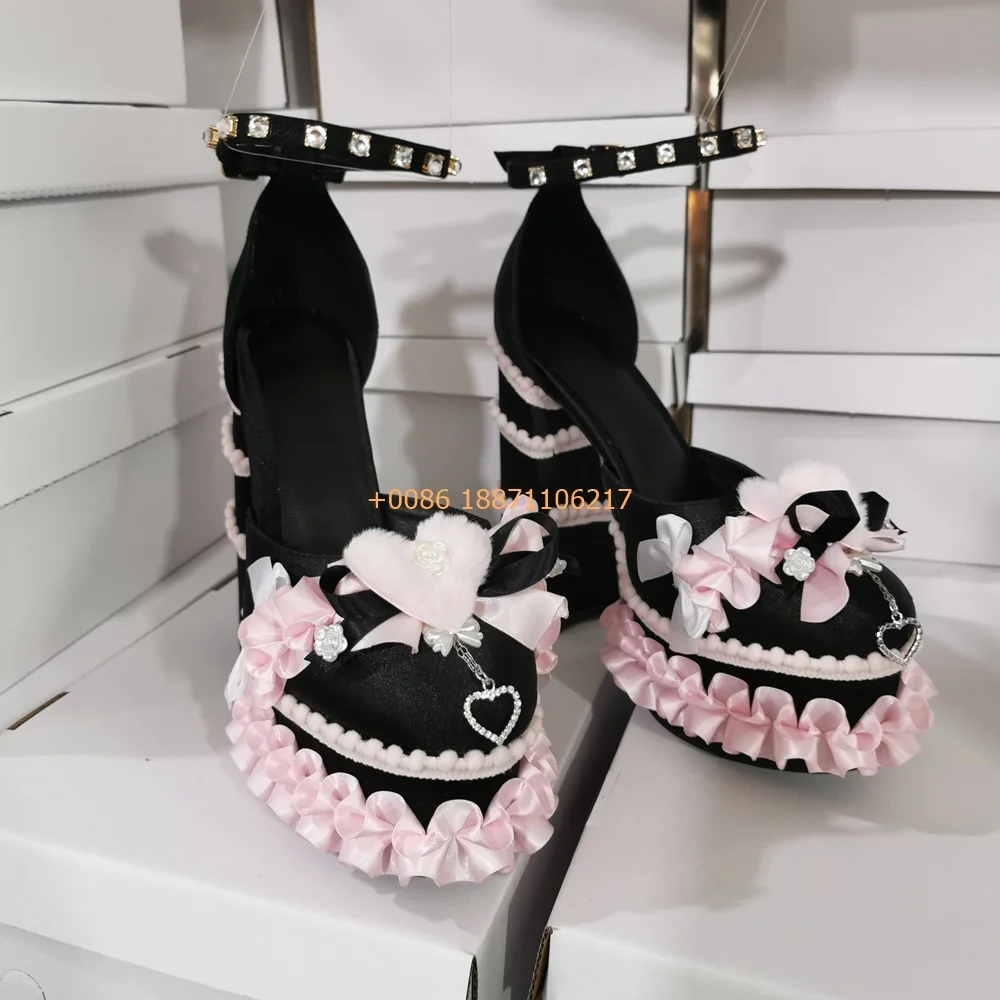 Sweet Lace Princess Lolita Shoes New Thick Sole Round Toe Bow Heart Thick High Heel Wedding Shoes Fashion Banquet Elegant Pumps