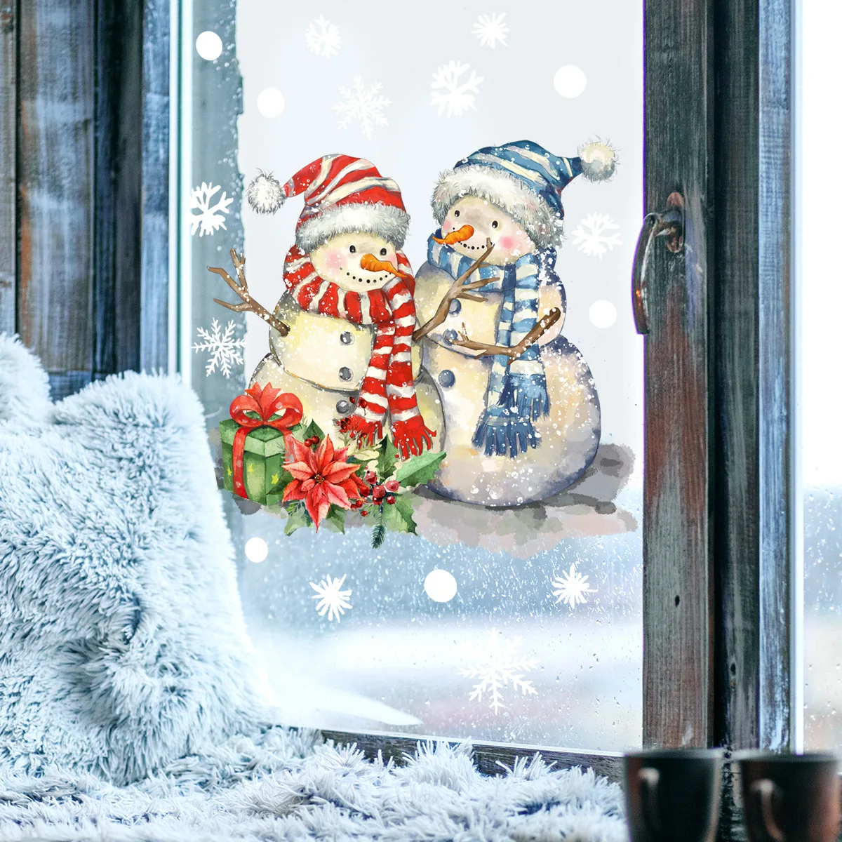 30*30cm Cartoon Couple Snowman Window Sticker Double Sided Visual Glass Sticker Christmas Valentine's Day Wall Sticker Ct6049