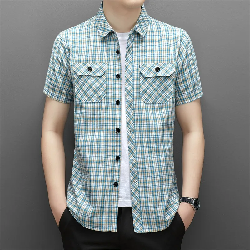 Cotton Plaid Shirts Men Double Pocket Linen Checkered Work Shirt Casual Tops Trendy Youth Korean Style Summer Quality Clothes
