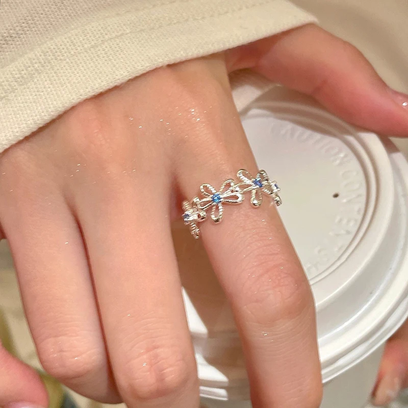 GANPUP Luxuriöser Blauer Kubischer Zirkonia Blumen Offener Fingerring für Frauen, Alltagsschmuck, Funkelnder Verstellbarer Ring, Hochzeitsgeschenk – Detail 6