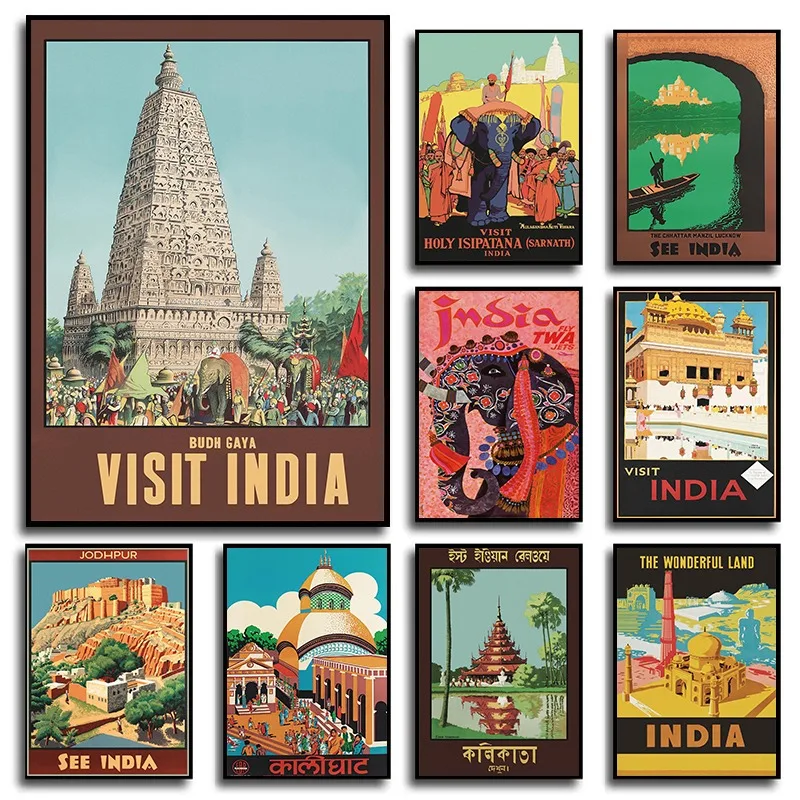 Vintage Travel Poster of India Pilgrimage Destinations Isipatana Budh Gaya Mahabodhi Temple Taj Mahal Retro Art Print Home Decor
