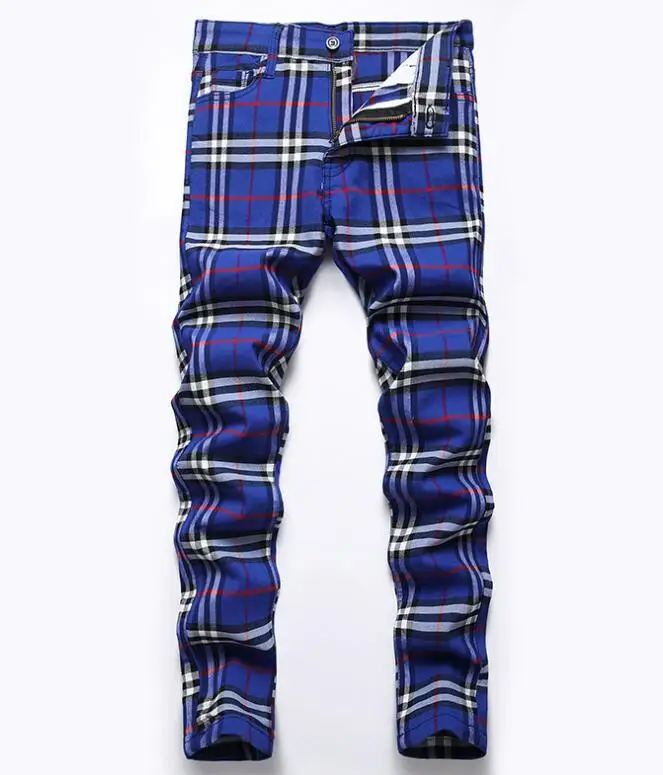 Men's Casual Plaid Pants, High Stretch, Straight Leg Trousers, Slim Fit, Small Leg Pants