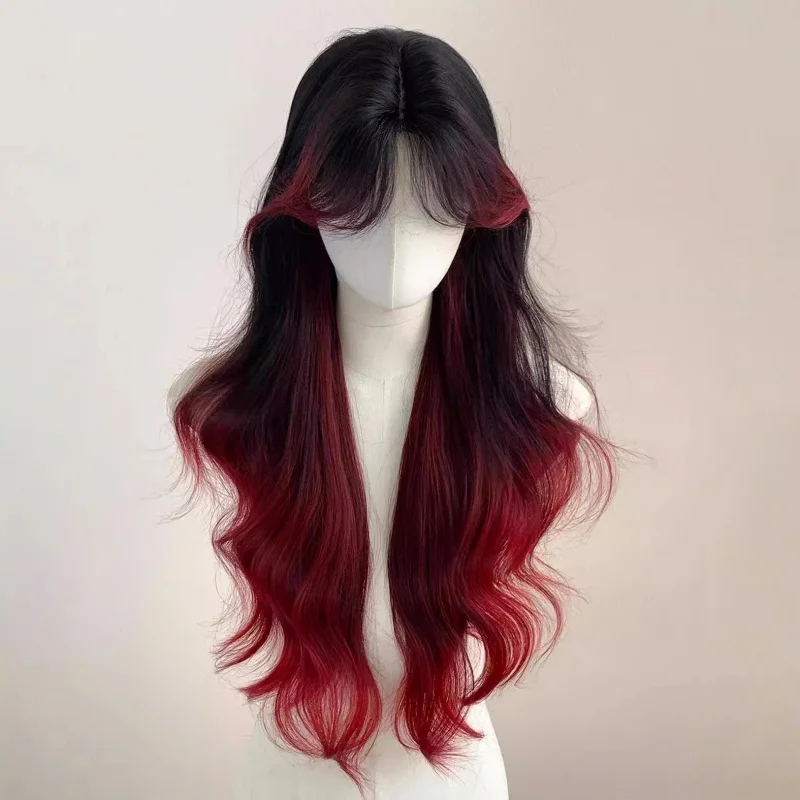 

Full head wig for women with black and red highlights, long curly hair with bangs, new style wig