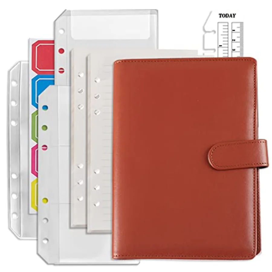 Refillable A6 Notebook Set with Cover 6 Hole Loose Leaf PU Binder Cover + 90 sheets 180 Pages of Lined Paper + 1pcs A6 Zipper B
