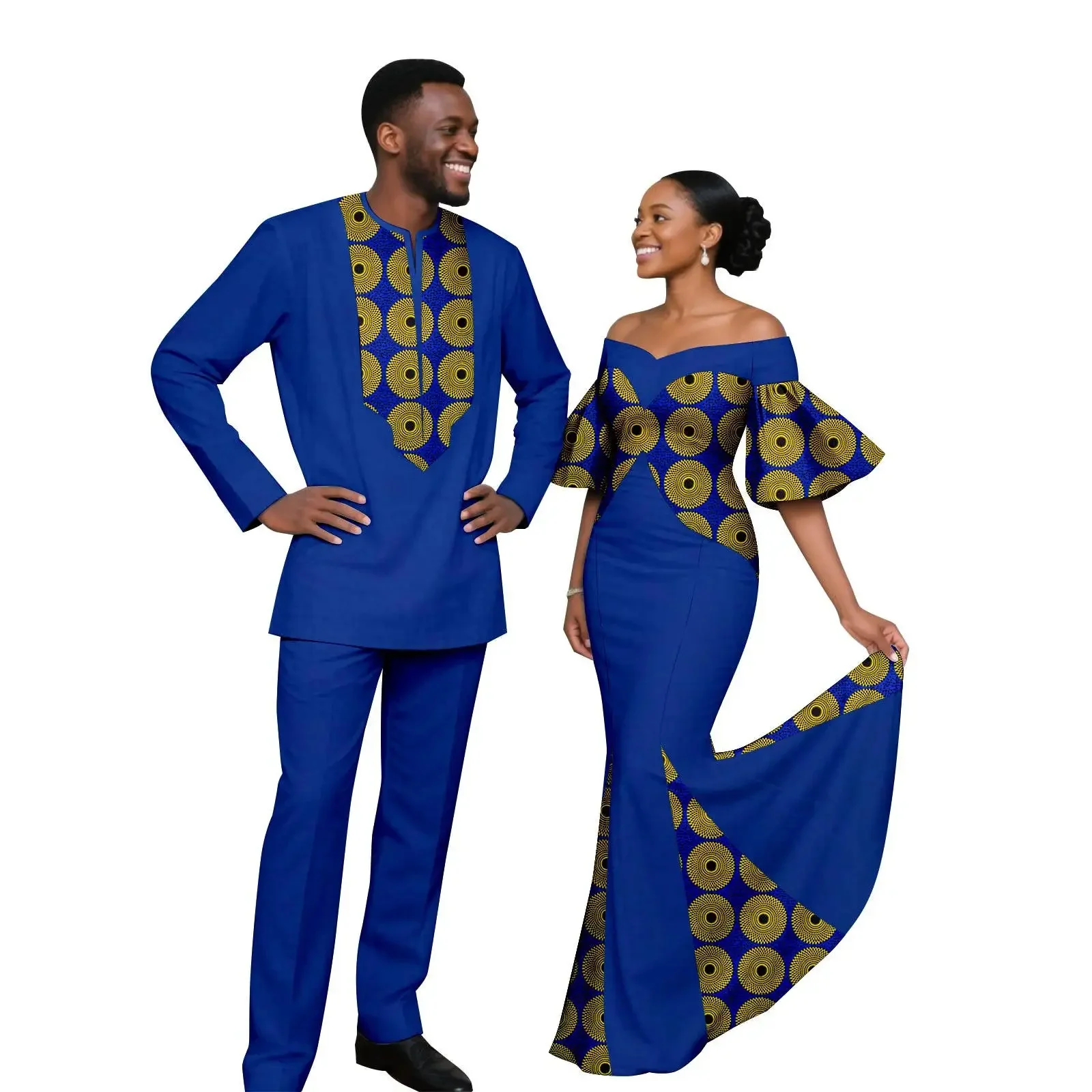 Sale New African Print Plus Size Cotton Mermaid Dresses for Women and Men Matching Couple Dashiki Top and Pant Sets