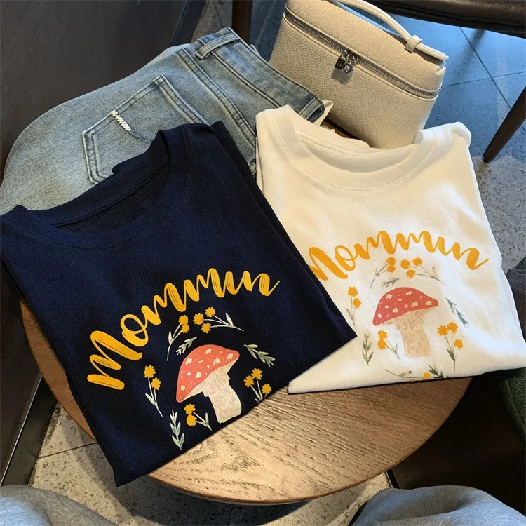 

Mushroom Print Loose T-shirt For Women, Summer Flocked Letter Round Neck Casual Tee Top