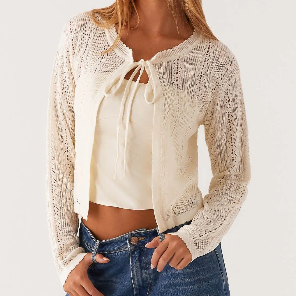 

2025 Collection Women's Soild Color Lace Up Cardigan Long Sleeve Hollow Out Slim Fit Sweaters Sudaderas De Mujer