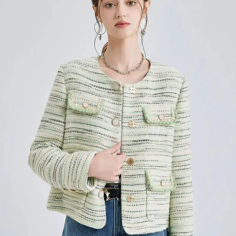 

Short Coat High Quality Double-Breasted Design Fresh Green Small Fragrant Round Neck 2024 Spring And Autumn New Women Short Top