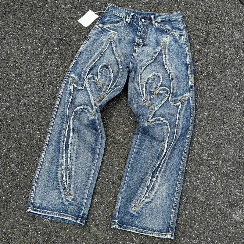 25SS جديد البلطجة نادي الجينز النمط الأمريكي التطريز نمط معدني شعار شارع العليا فضفاض منتصف الخصر الرجال الدنيم السراويل #2