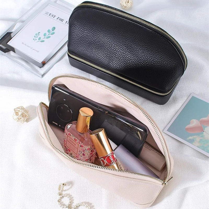 2 in 1 Makeup Bag with Jewelry Organizer Case Pu Leather Women Travel Makeup Double-Layer Cosmetic Brushes Case Toiletries Bag