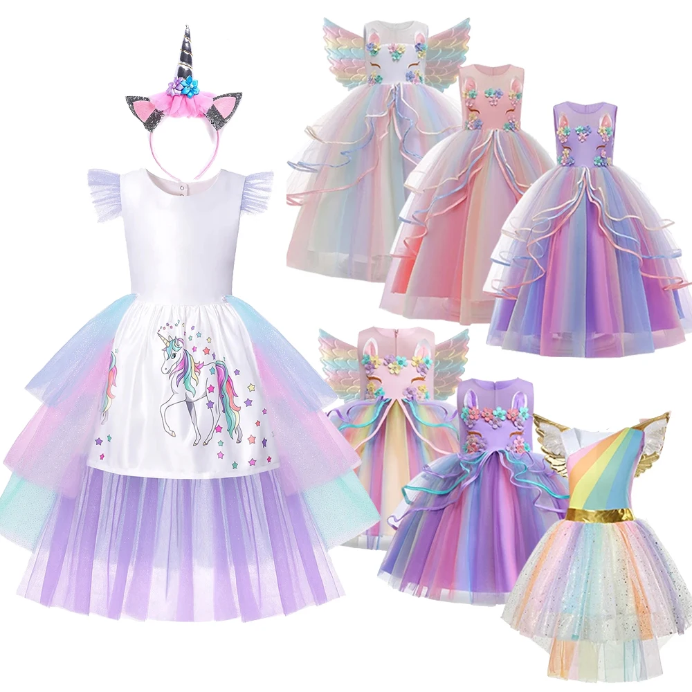 

2024 Girls Unicorn Rainbow Dress Purim Teenage Children Flower Long Tulle Kids Princess Birthday Party Dress