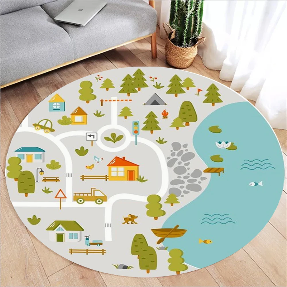 Colorful Round Cartoon Map Floor Mat - Playful City, Beach & Countryside Design, Soft Non-Slip Rug for Living Room, Bedroom