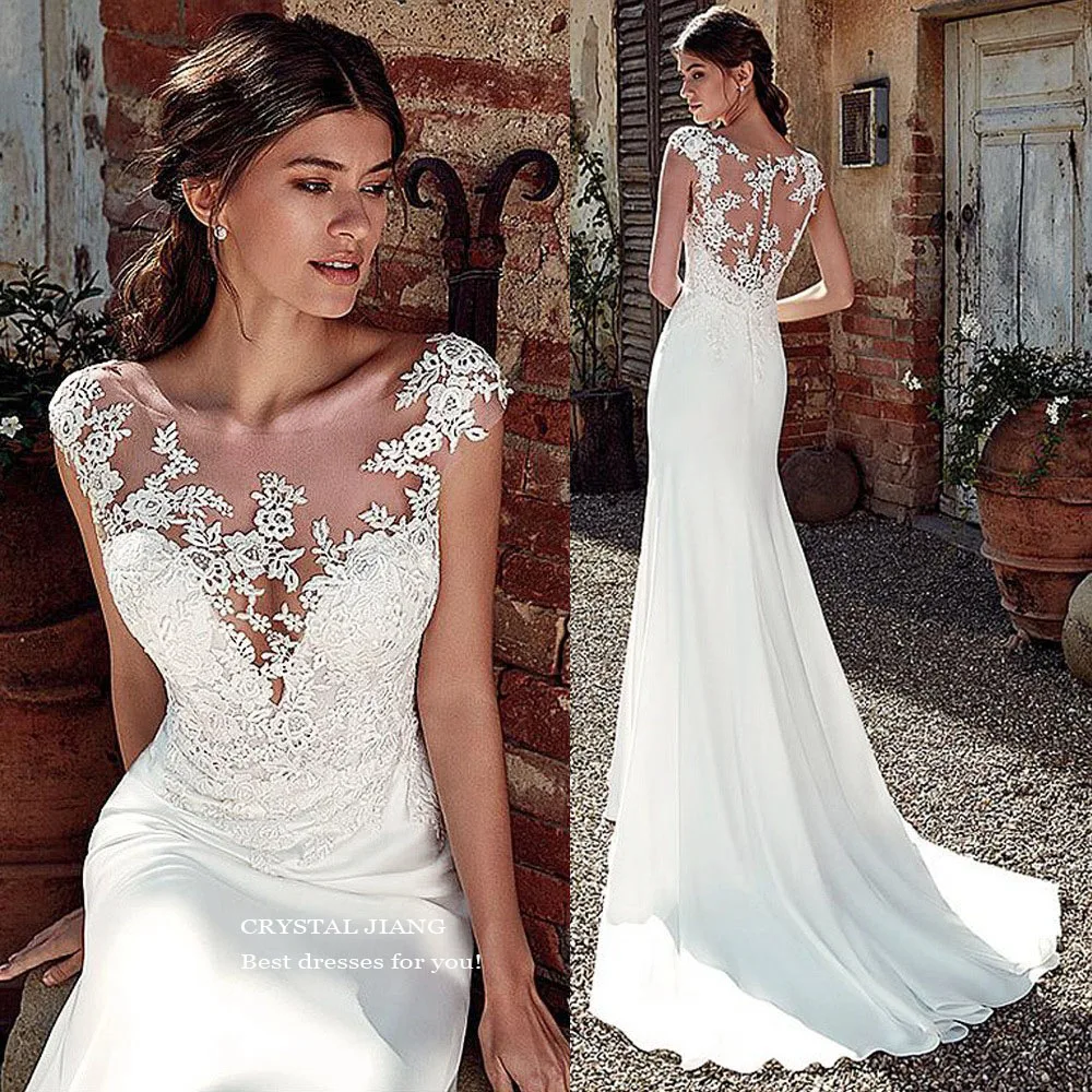 

Sexy Sheer Jewel Collar Lace Applique Wedding Dresses Custom Made Trumpet Long Sweep Train vestidos de novias 2024