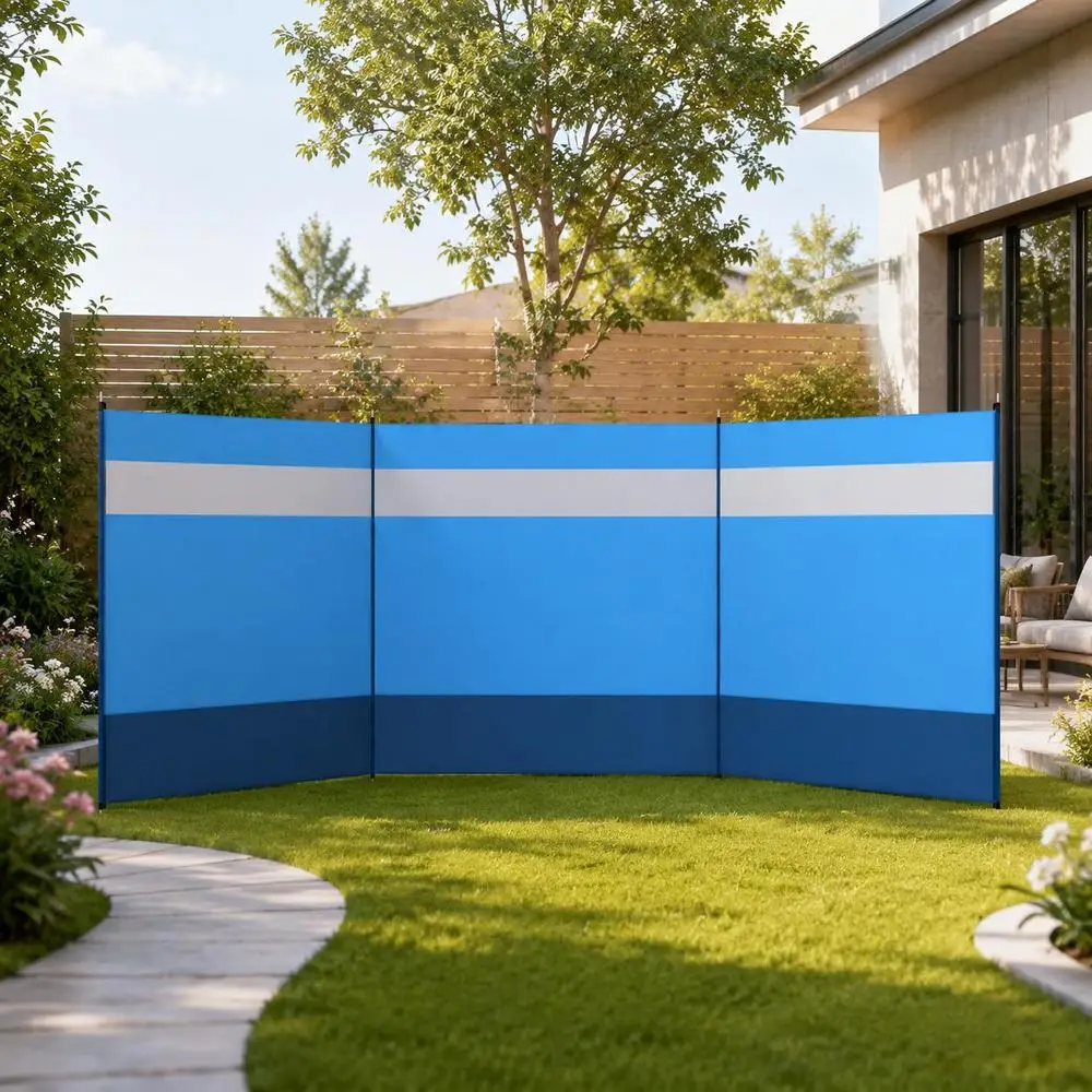 Paravent de camping portable et pliable avec sac de transport et poteaux en acier Dim. 440 cm x 140 cm bleu, parfait pour séparer le salon, la chambre, le studio, l'appartement et la zone de dressing